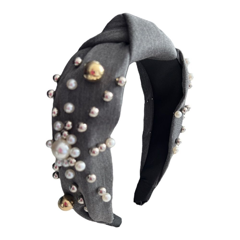 Cloth Headbands Tie For Women Top Knot Headband With Faux Pearls Denim.